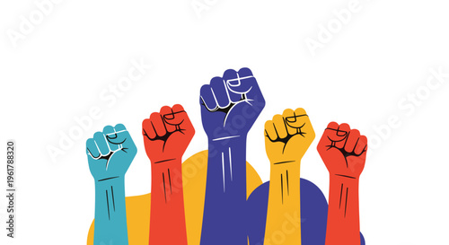A group of colorful raised fists symbolizing protest unity and power for social justice movements and activism on a white background.