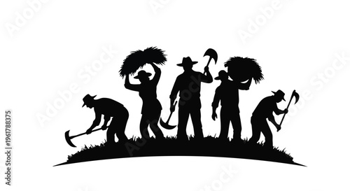 Silhouetted farmers working together in a field under the sun, harvesting crops with tools and carrying bundles.