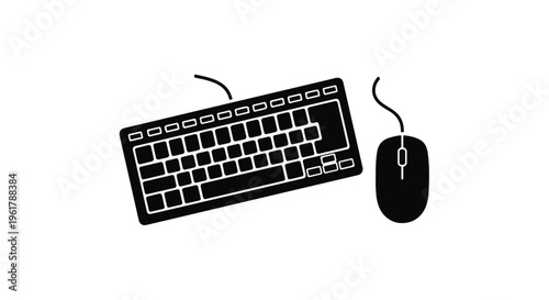 Simple black and white illustration of a computer keyboard and mouse on a white background