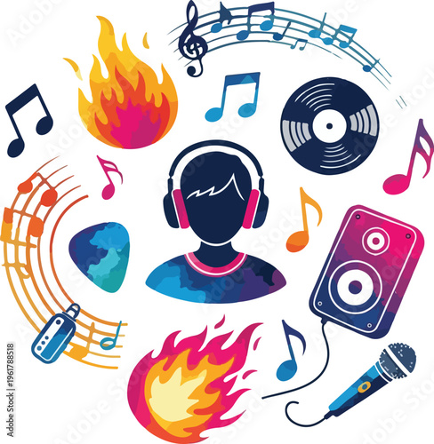Colorful Music Festival Vector Illustration with Headphones, Speaker, and Musical Notes for Summer Concert and Jazz Day Event