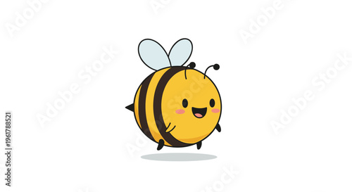 An adorable and chubby little bee with a happy smiling face and small wings flying cheerfully on a clean white background.