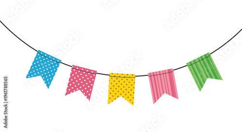 A festive string of colorful bunting flags with various patterns like polka dots and stripes perfect for a party celebration.