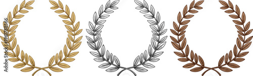 Three laurel wreath variations gold sketch and brown on white background Keywords: laurel wreath, award, victory, success
