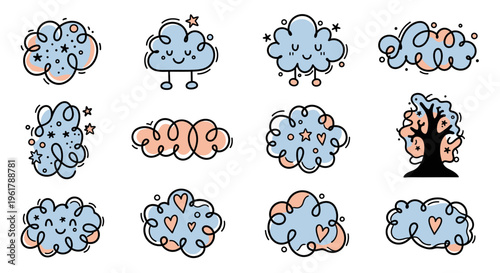 Seamless pattern featuring colorful fishes and abstract hand drawn bubbles and flowers alongside a vector set of weather icons for nature climate forecast design