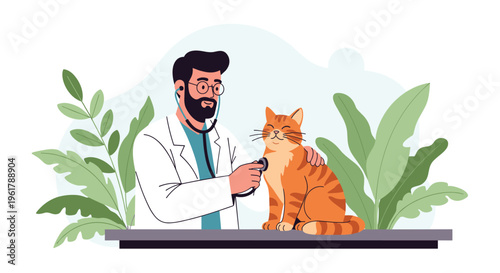 A friendly male veterinarian with a beard and glasses examines a happy ginger cat with a stethoscope in a vet clinic.
