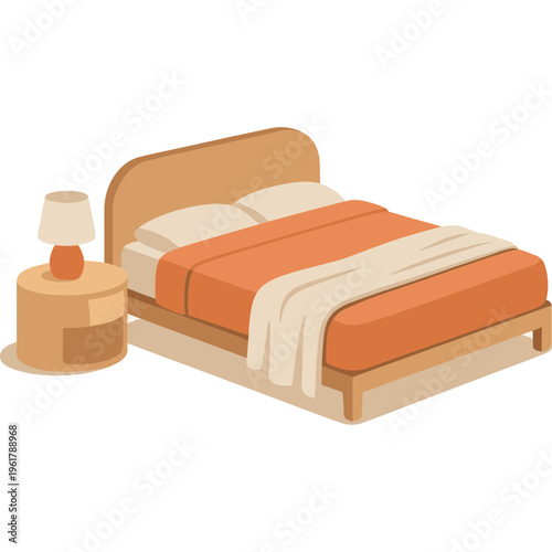 An illustration of a bed with an orange blanket and a nightstand beside it.
