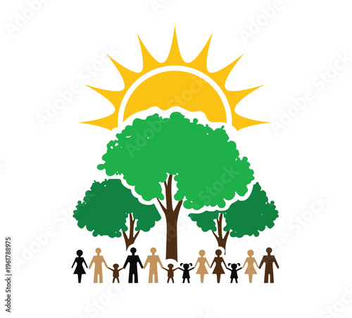 Happy Family Holding Hands Under Green Trees and Bright Sun Concept Illustration