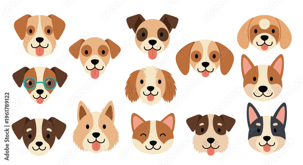 Obraz premium A collection of various cute dog faces and heads with different breeds and expressions isolated on a clean white background.