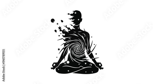 Silhouette of a person meditating, dissolving into a cosmic swirl, representing inner peace and transformation.