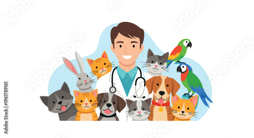 A friendly male veterinarian surrounded by a happy group of various pets including dogs cats a rabbit and parrots at his clinic.