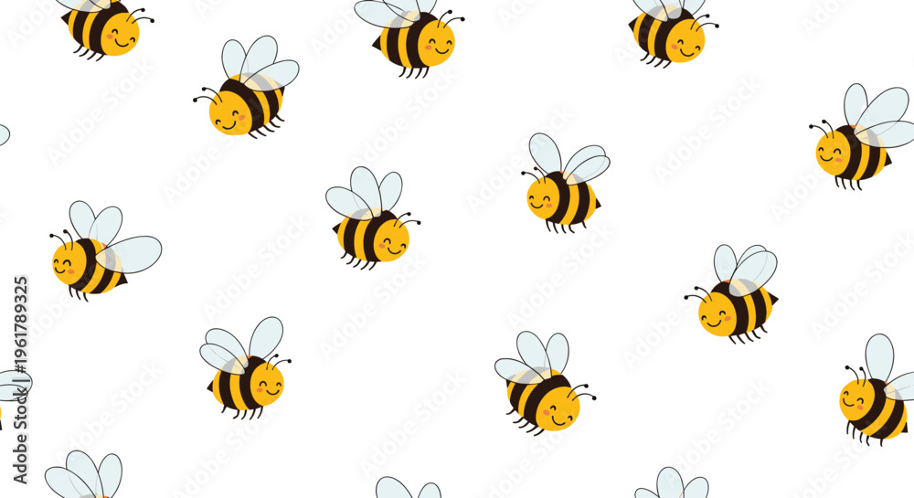 Obraz premium A seamless pattern of cute and happy cartoon bees flying in different directions on a simple and clean white background.