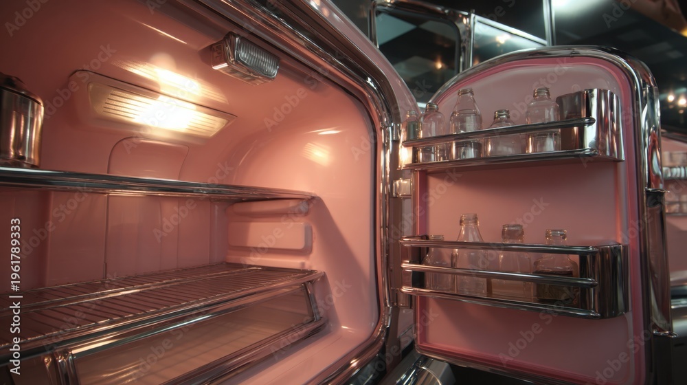 Fototapeta premium Retro style pink refrigerator interior with illuminated shelving and open door showcasing bottles