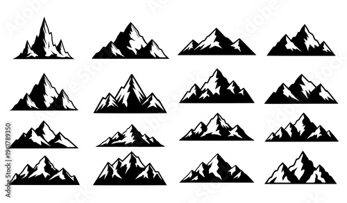 Mountain silhouette set rocky peaks logo icon collection vector illustration isolated on white background