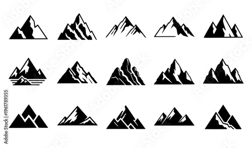 Rocky mountain icon set minimalist landscape silhouette vector collection isolated on white background