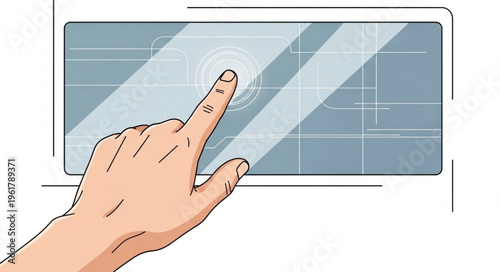 Hand interacting with a touch screen device, showcasing technology and user interface.