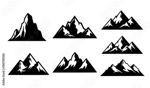 Minimal mountain silhouette collection rocky peaks logo vector illustration isolated on white background