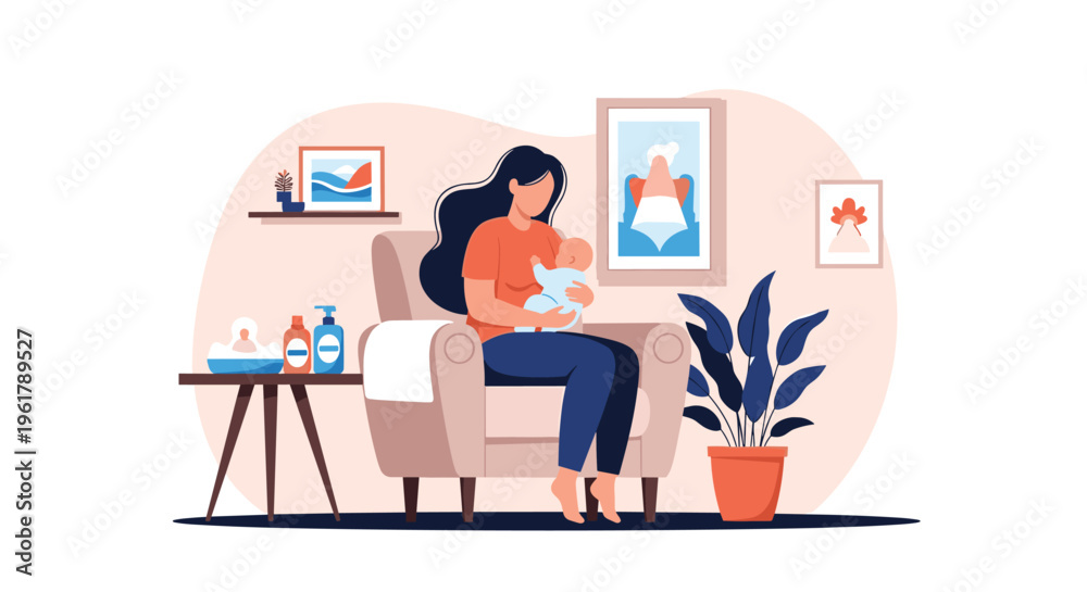 Fototapeta premium A new mother sits comfortably in an armchair in her living room while lovingly holding her newborn baby in a peaceful scene.
