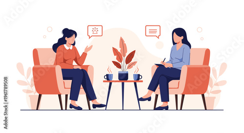 Two women are engaged in a therapy session with one listening and taking notes while the other talks in a calm environment.
