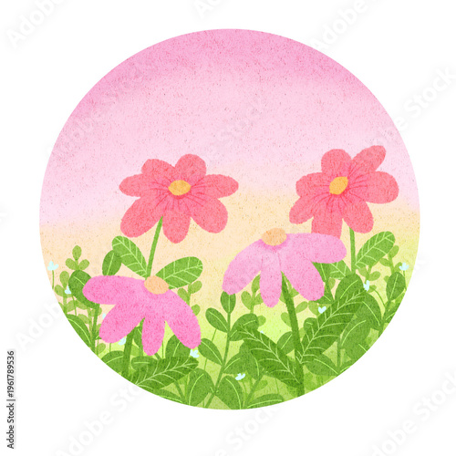 Hand-drawn Pink Flowers Illustration in Round Frame