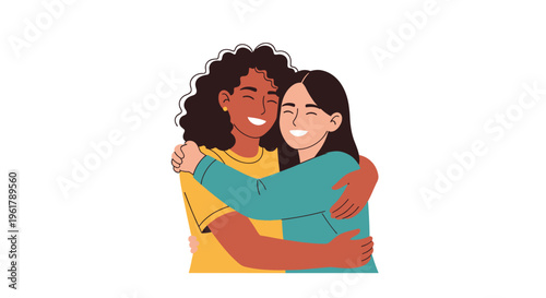 Two happy and diverse young women are hugging each other tightly showing a strong bond of friendship and support for one another.