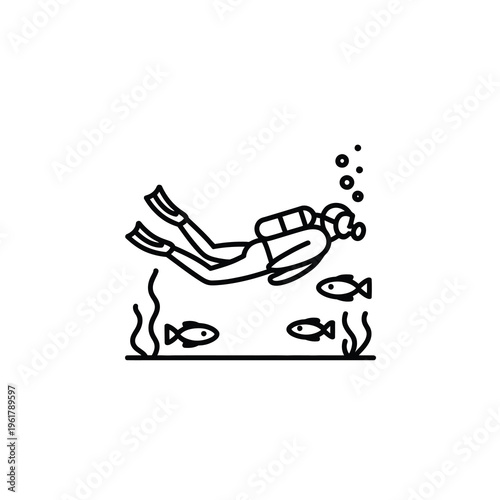 Vector of a scuba diver swimming underwater surrounded by fish
