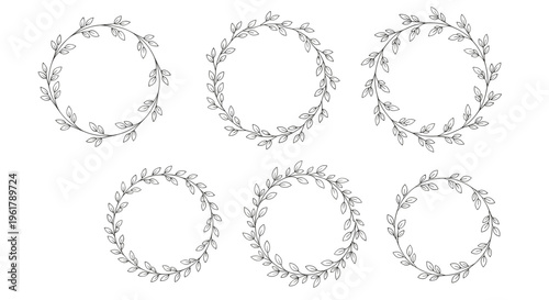 Collection of six hand-drawn circular wreaths made of delicate leaves and branches perfect for invitations and branding design.