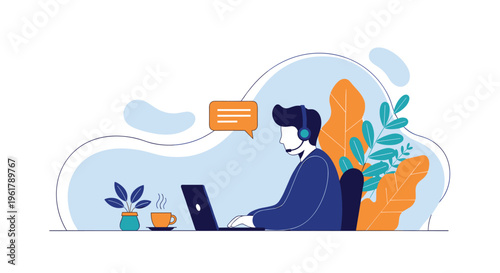 Male customer service agent with a headset working on a laptop in a call center or from a modern home office with plants.