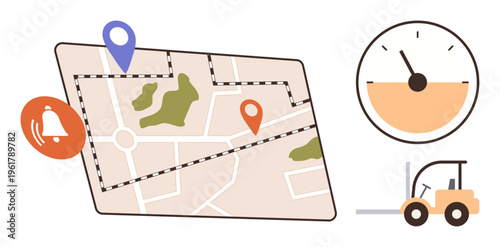Route planning, supply chain, delivery tracking, warehouse management, logistics services, time management. Map with pins, a timer and a forklift. Route planning and supply chain concepts