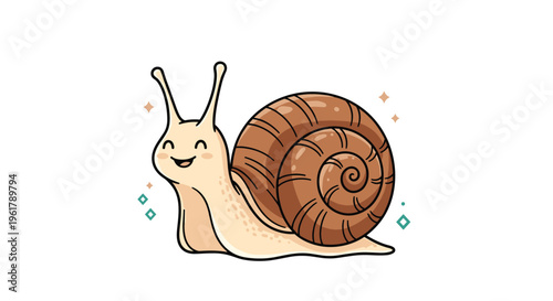 Adorable smiling cartoon snail with a brown spiral shell and cute sparkles isolated on a clean white background illustration.