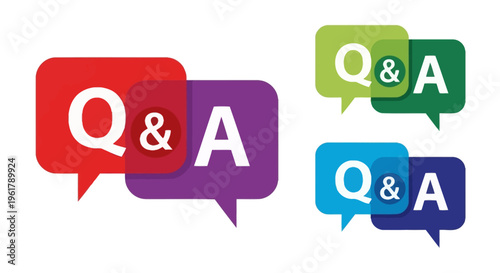 Colorful speech bubbles display Q&A sessions with multiple conversations