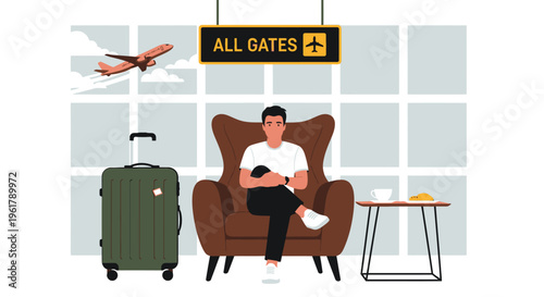 Man sits in airport lounge with luggage reading a book next to a table