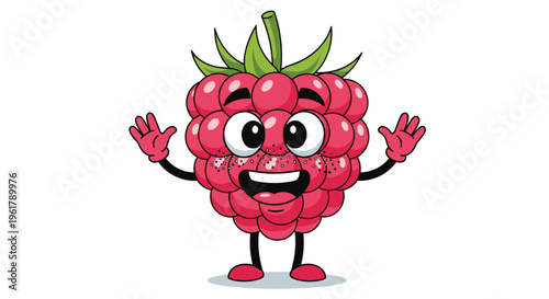 Cheerful raspberry cartoon fruit character with a big happy smile and freckles waving its hands on a white background.