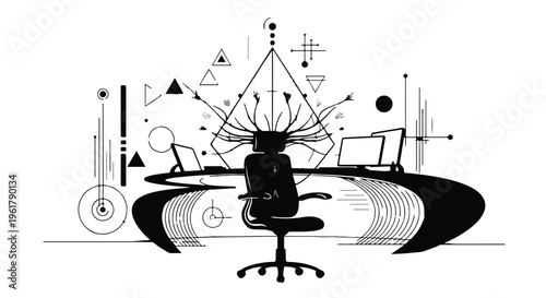 Abstract depiction of a person's mind overflowing with ideas and data at a futuristic workstation.