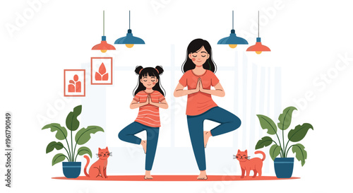 Mother and daughter practicing yoga together in the tree pose at home with their pet cats promoting a healthy family lifestyle.