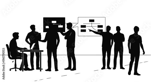 Diverse team collaborating on a strategic plan using a flowchart diagram on screen.