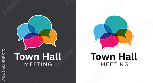 A town hall meeting discussion with diverse speech bubbles icons.