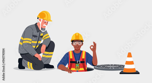 Two construction workers inspect a manhole cover on a city street