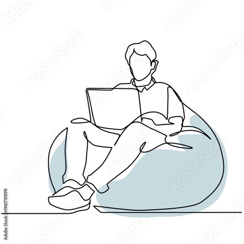 Young man with laptop sitting in beanbag chair one continuous line art. Young man relaxing on bean bag while using a laptop single line illustration
