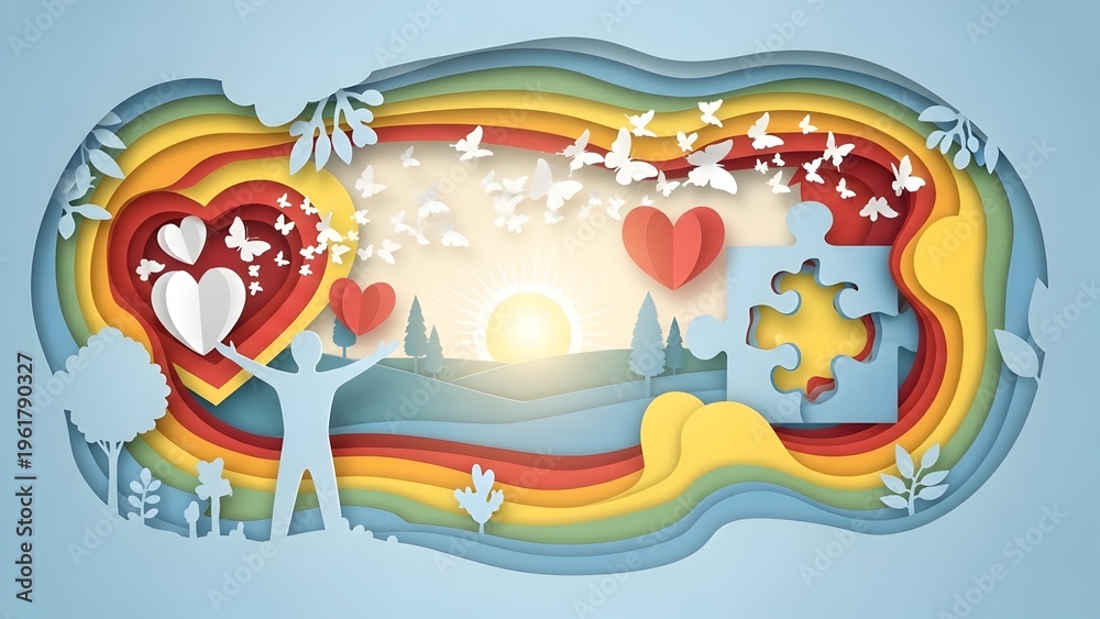 Naklejka premium Papercut Art: Human Silhouette, Hearts, Butterflies, Puzzle, Rainbow Landscape
