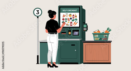 Woman buys food from vending machine at bus stop with grocery basket