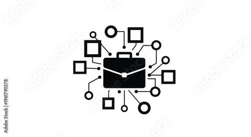 Digital briefcase connected to network of abstract shapes representing data and technology