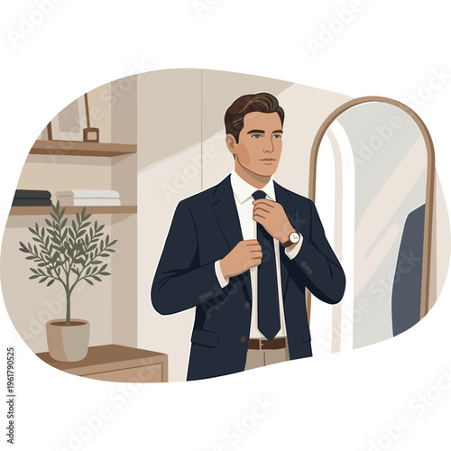 Man in business attire adjusting tie in front of mirror indoors