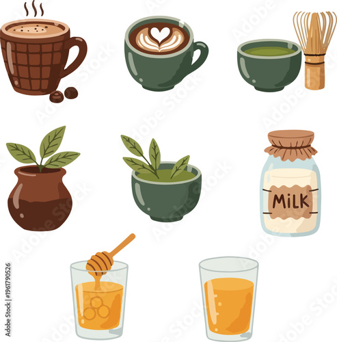 Set of Healthy Natural Beverages and Ingredients Illustration with Coffee, Matcha, Herbal Tea, Honey, Milk, and Orange Juice for Wellness Lifestyle and Earth Day Concept
