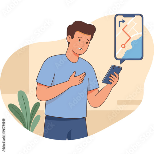 Man looks confused while holding phone with map in speech bubble