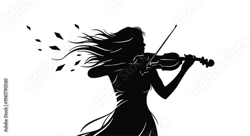 Silhouette of a woman playing violin with hair and dress transforming into abstract shapes
