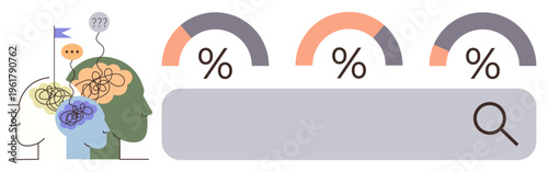 Data analytics, mental processes, progress tracking, cognitive research, problem-solving, decision-making. Tangled thoughts beside graphs, search bar and icons. Data analytics and mental processes