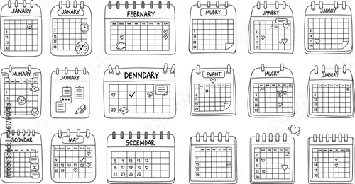 Set of Hand-Drawn Calendar Illustrations with Different Monthly Designs, Schedules, and Notes in Black and White