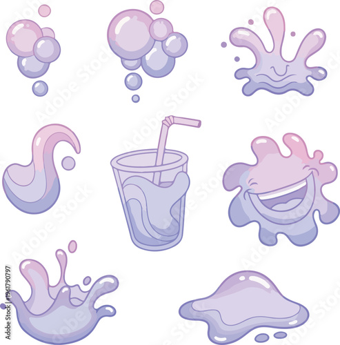 Purple Taro Milk Splash and Bubbles Vector Illustration Set for Kids Beverage Branding