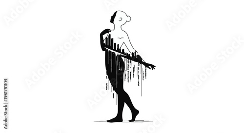 Abstract silhouette of a person with a cityscape emerging from their body, symbolizing urban life and identity.