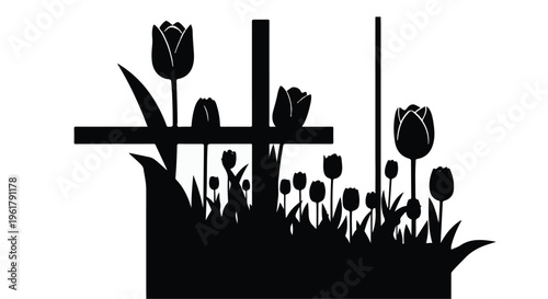 Serene garden silhouette with tulips and a cross, symbolizing remembrance and peace